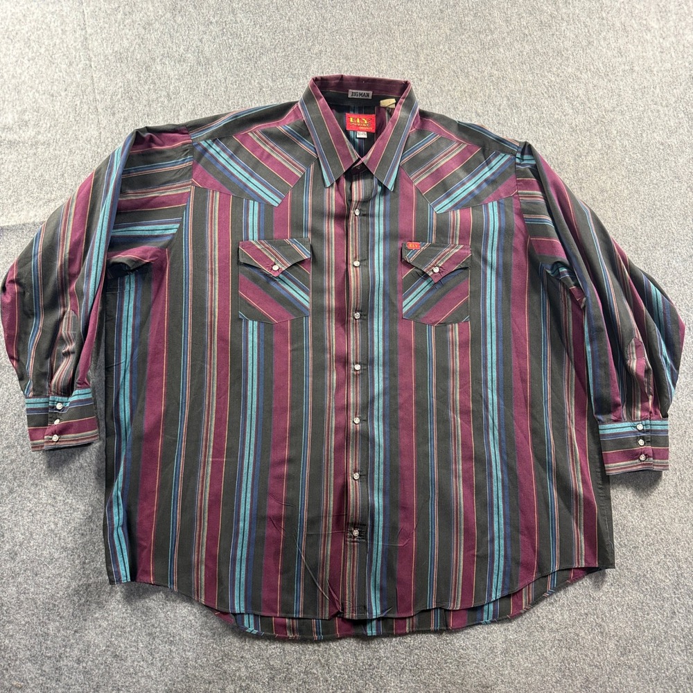 Ely Plains Men Western Pearl Snap Shirt 20 x 35/36 Multicolor Striped Vintage